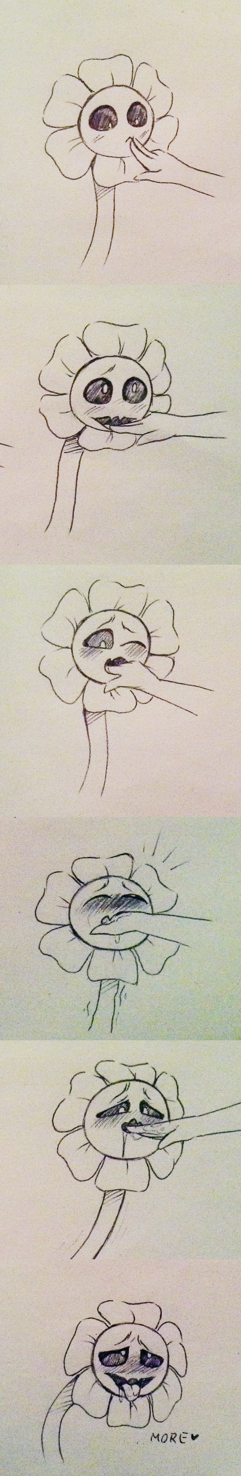absurd_res blush comic cute disembodied_hand finger_in_mouth flora_fauna flower flowey_the_flower hi_res horny licking_fingers looking_pleasured melonpussy monster plant saliva traditional_media_(artwork) undertale video_games