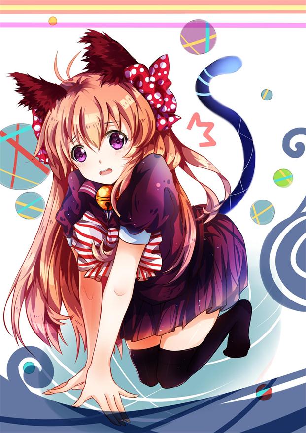 1girl all_fours animal_ears bell black_legwear brown_hair cat_ears cat_tail eyebrows_visible_through_hair floating_hair full_body gekkan_shoujo_nozaki-kun hair_between_eyes long_hair looking_at_viewer miniskirt neco_(pixiv9050761) open_mouth pleated_skirt purple_eyes purple_shirt purple_skirt sakura_chiyo shiny shiny_hair shirt short_sleeves skirt solo striped striped_neckwear tail thighhighs very_long_hair zettai_ryouiki