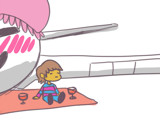 ambiguous_gender blush brown_hair child cookncry duo female glass hair hat human living_aircraft living_machine machine mammal picnic protagonist_(undertale) tsunderplane undertale video_games young