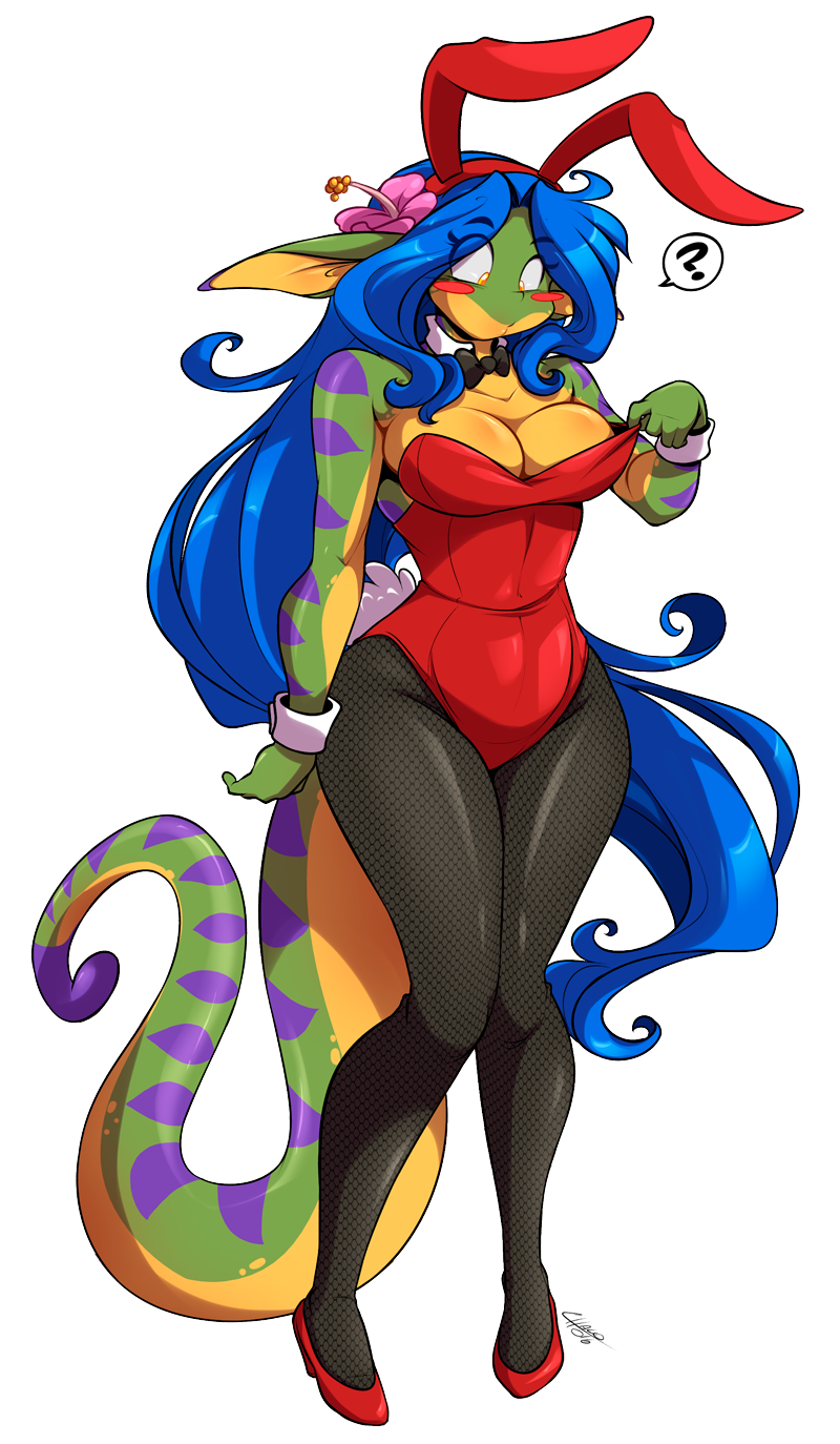 2016 alpha_channel amber_eyes anthro big_breasts blue_hair blush bow_tie breasts bunny_costume chalo cleavage clothed clothing female fishnet flower footwear gecko geecku green_body green_skin hair hi_res high_heels las_lindas legwear leotard lingerie lizard long_hair looking_down non-mammal_breasts plant playboy_bunny pointy_ears purple_skin purple_stripes reptile scalie shirt_cuffs shoes solo standing stockings stripes teddy_(clothing) thick_tail thick_thighs tight_clothing wide_hips yellow_body yellow_skin