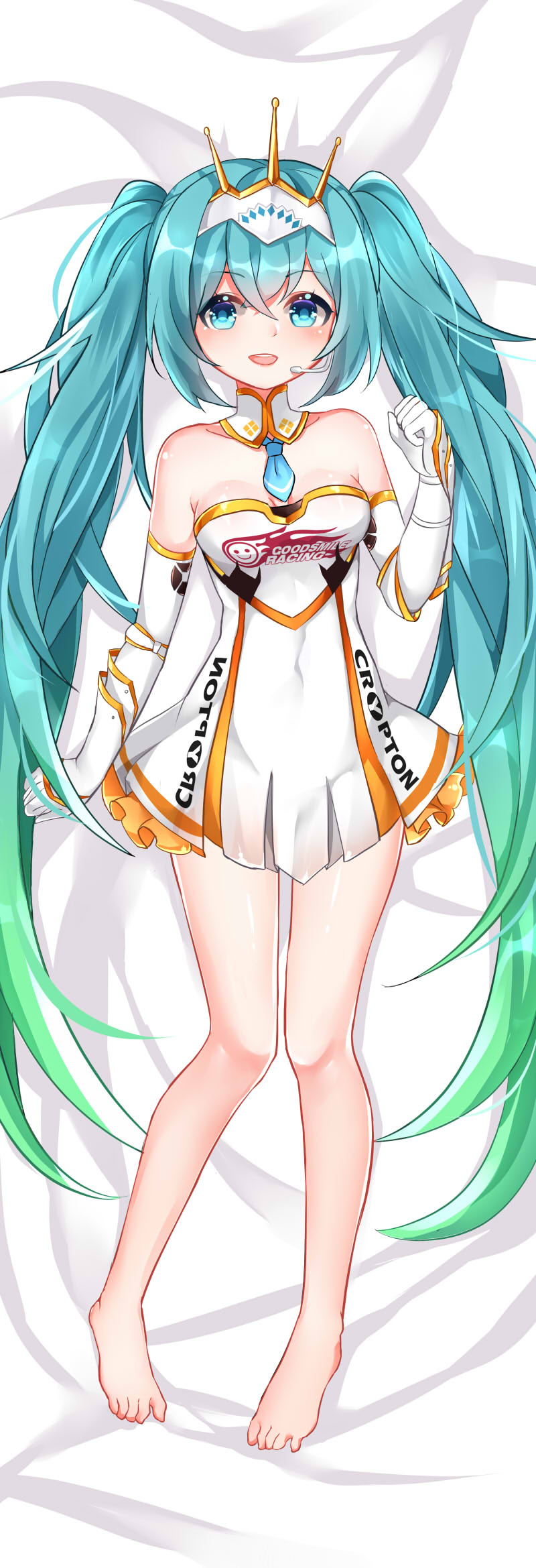 aqua_eyes aqua_hair bad_id bad_pixiv_id chuor_(chuochuoi) covered_navel dakimakura dress elbow_gloves full_body gloves gold_trim goodsmile_company goodsmile_racing gradient_hair green_hair hatsune_miku headset highres long_hair looking_at_viewer multicolored_hair open_mouth solo twintails very_long_hair vocaloid