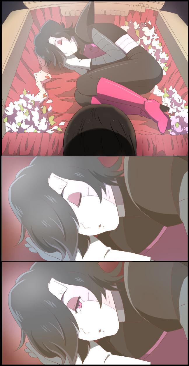 3koma androgynous android bad_id bad_tumblr_id black_hair brown_hair comic fetal_position frisk_(undertale) highres mettaton mettaton_ex morphin_e parody purple_eyes silent_comic sleeping tengen_toppa_gurren_lagann undertale waking_up white_skin