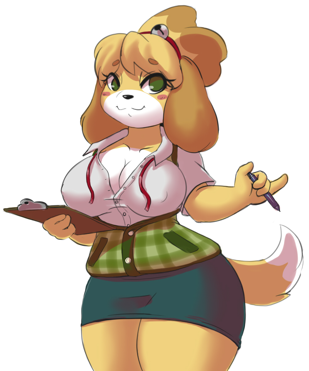 2019 animal_crossing anthro black_nose blonde_hair breasts canid canine canis cleavage clipboard clothed clothing digital_media_(artwork) dipstick_tail domestic_dog eyelashes female green_eyes hair hi_res holding_object isabelle_(animal_crossing) mammal multicolored_tail nintendo nipple_bulge pen shih_tzu shinsuke smile solo video_games