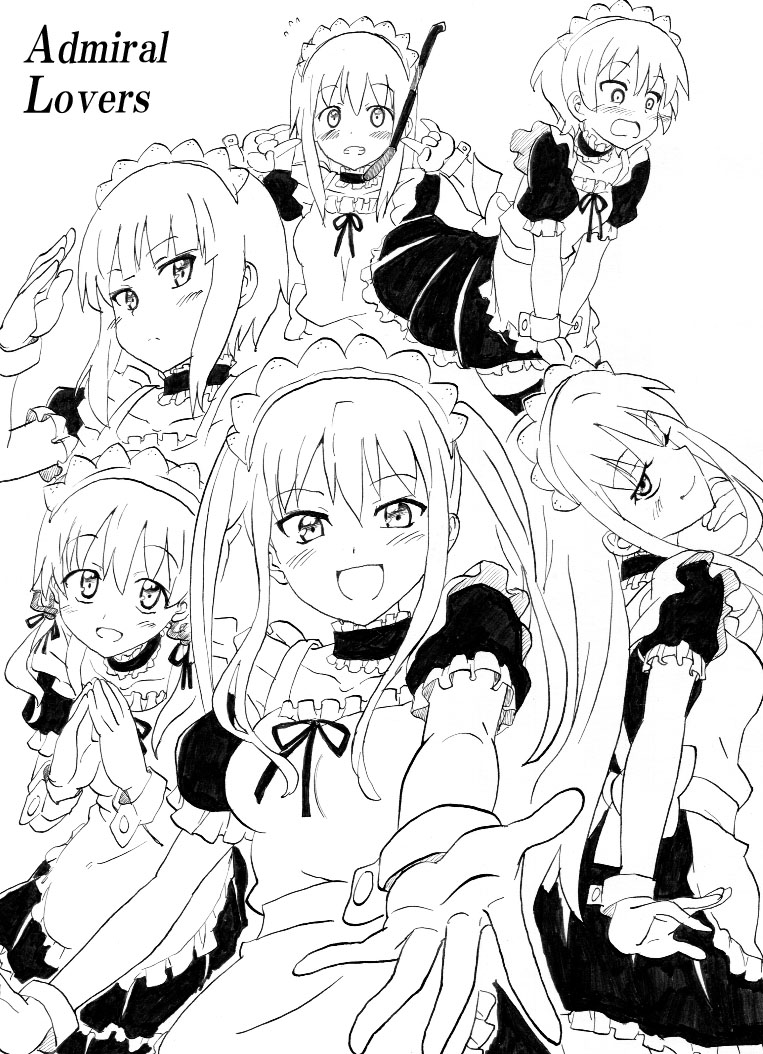 :d \m/ alternate_costume anchor_hair_ornament bismarck_(kantai_collection) blush choker collarbone commentary_request double_\m/ enmaided graf_zeppelin_(kantai_collection) greyscale hair_ornament kantai_collection long_hair maid maid_headdress monochrome multiple_girls nome_(nnoommee) open_mouth prinz_eugen_(kantai_collection) reaching salute shaft_look short_hair smile twintails u-511_(kantai_collection) z1_leberecht_maass_(kantai_collection) z3_max_schultz_(kantai_collection)