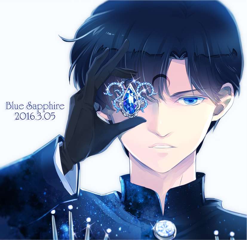 bishoujo_senshi_sailor_moon black_gloves blue_eyes blue_hair covering_one_eye crystal dated gloves male_focus portrait saki_(hxaxcxk) saphir_(sailor_moon) sapphire_(stone) shiny solo