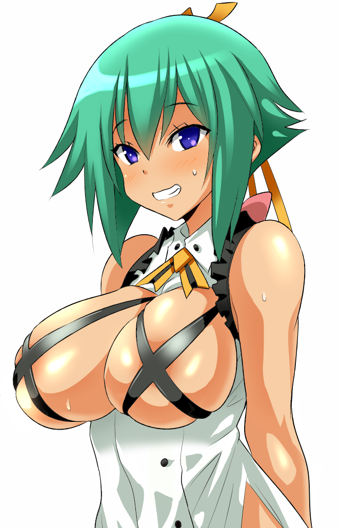 aquarion_(series) aquarion_evol blue_eyes blush breasts commentary_request covered_nipples green_hair grin hair_ribbon konno_tohiro large_breasts looking_at_viewer revealing_clothes ribbon short_hair sleeveless smile solo sweat upper_body zessica_wong
