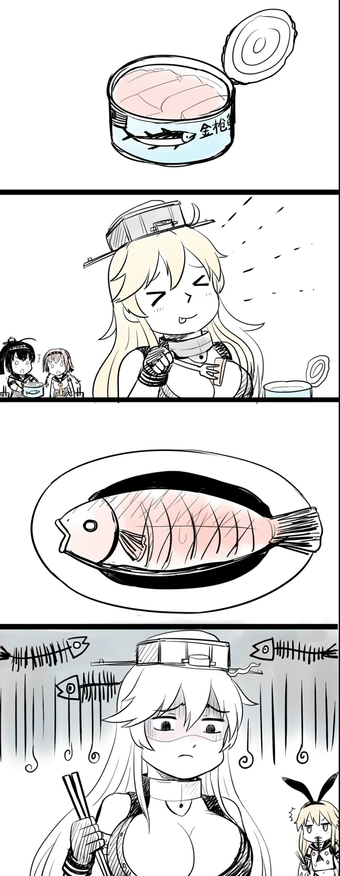 4koma :p akizuki_(kantai_collection) black_hair blonde_hair braid breasts brown_hair can canned_food chopsticks cleavage comic elbow_gloves fish fish_bone fork gloom_(expression) gloves hairband highres holding iowa_(kantai_collection) kantai_collection large_breasts long_hair machinery medium_breasts multiple_girls navel partially_colored ponytail school_uniform serafuku shimakaze_(kantai_collection) silent_comic teruzuki_(kantai_collection) tongue tongue_out translated tuna turret twin_braids x) y.ssanoha