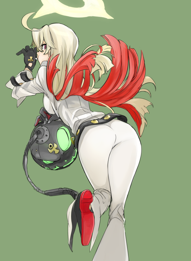 1girl ahoge arc_system_works artist_request ass ball_and_chain ball_and_chain_restraint belt bodysuit breasts candy gloves green_background guilty_gear guilty_gear_xrd guilty_gear_xrd:_revelator halo jack-o_(guilty_gear) leaning leaning_forward lollipop long_hair looking_back multicolored_hair platinum_blonde red_eyes red_hair shiny shiny_hair sideboob simple_background skin_tight solo two-tone_hair