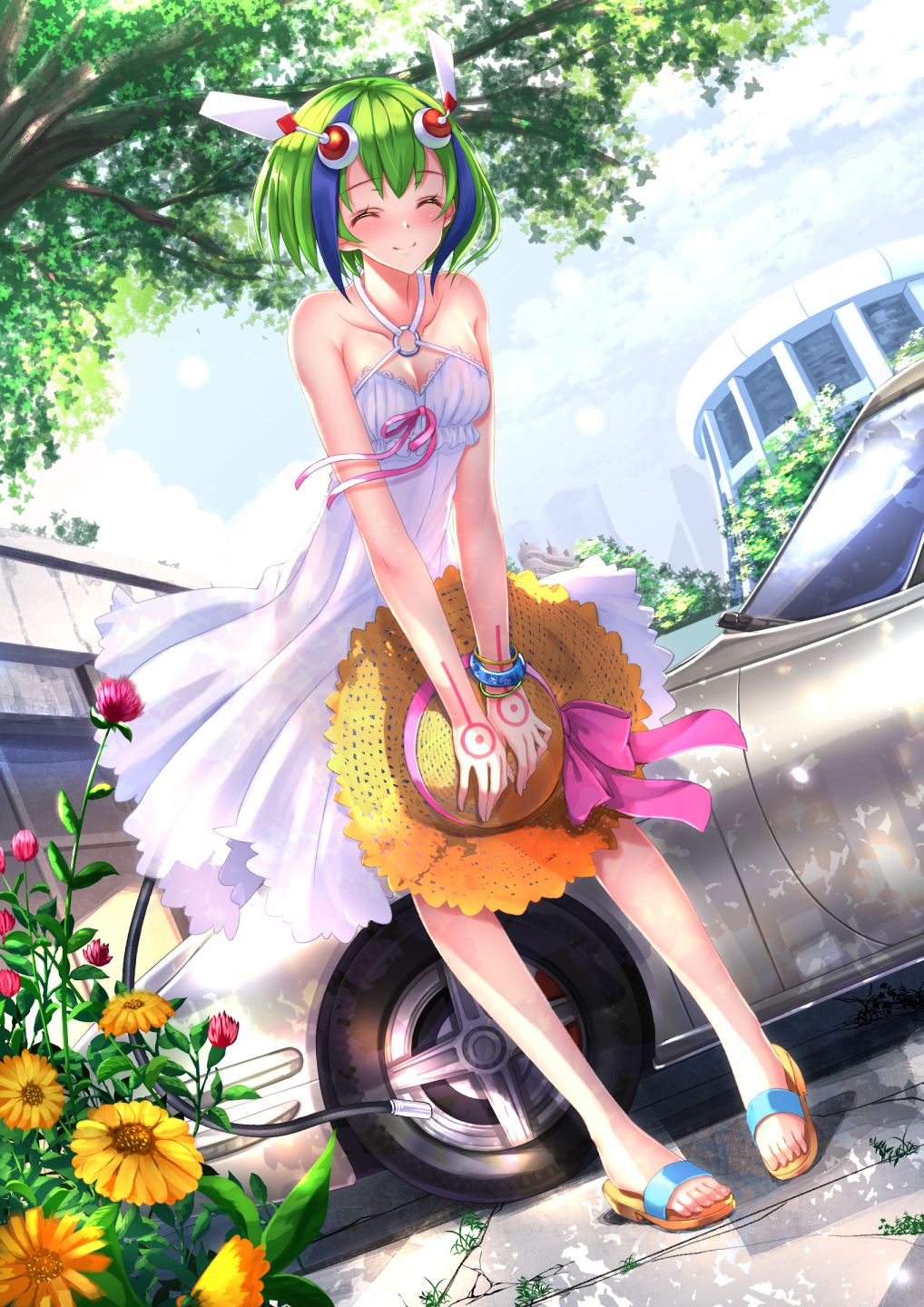 ^_^ android bangle bangs bare_shoulders blush bow bracelet breasts building car cleavage closed_eyes collarbone daisy dappled_sunlight day dimension_w dress dutch_angle facing_viewer feet fingernails fingers flower full_body green_hair ground_vehicle hands hat hat_removed hat_ribbon headwear_removed highres holding holding_hat jewelry leaning_forward motor_vehicle multicolored_hair no_socks o-ring outdoors pavement ribbon robot_ears sandals short_hair sleeveless sleeveless_dress small_breasts smile solo standing streaked_hair sun_hat sundress sunlight swordsouls tail tattoo thistle toenails toes toyota toyota_2000gt tree two-tone_hair white_dress yurizaki_mira