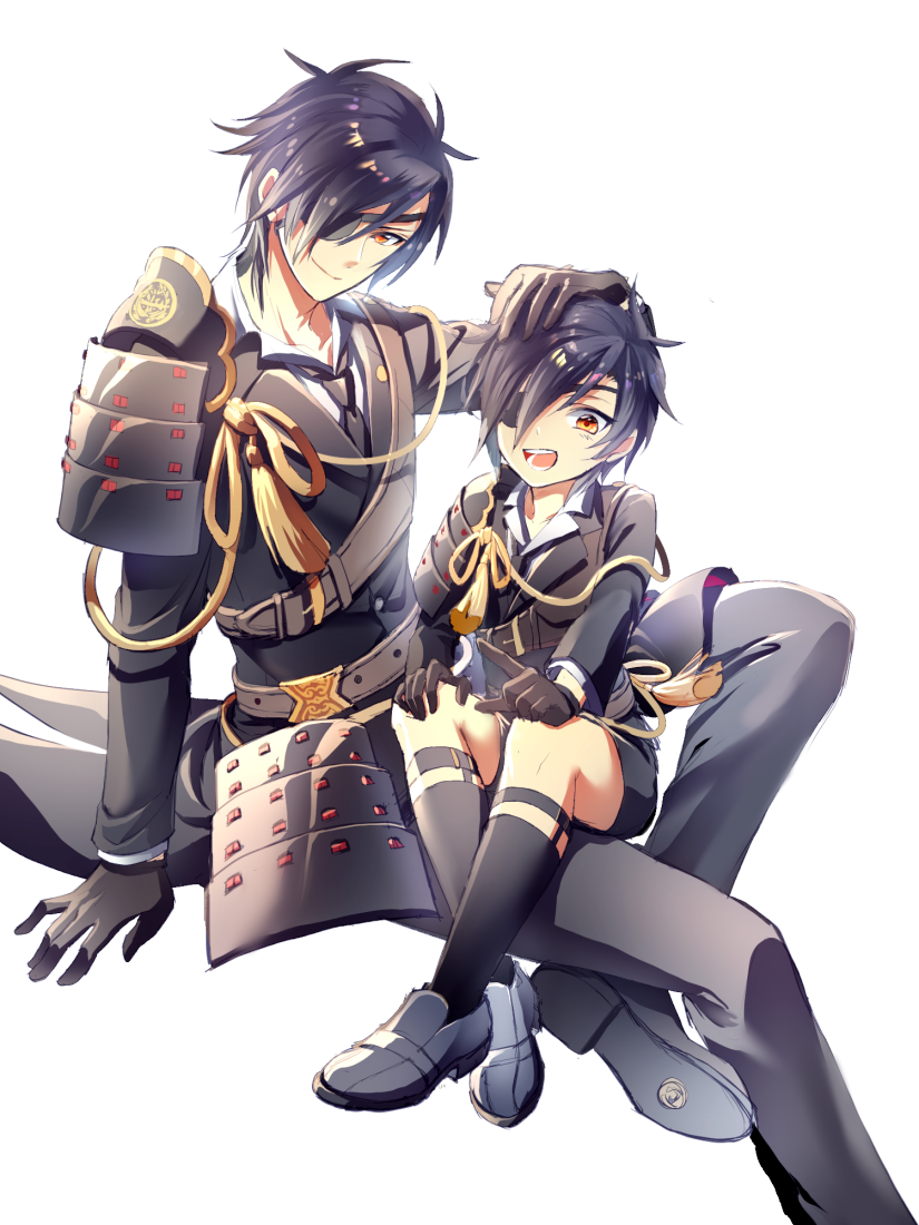 armor black_gloves black_hair black_legwear child dual_persona eyepatch garters gloves hand_on_another's_head japanese_armor kneehighs male_focus multiple_boys necktie open_mouth raperu_(match_box) shokudaikiri_mitsutada shorts shoulder_armor sitting sitting_on_lap sitting_on_person smile sock_garters sode touken_ranbu yellow_eyes younger