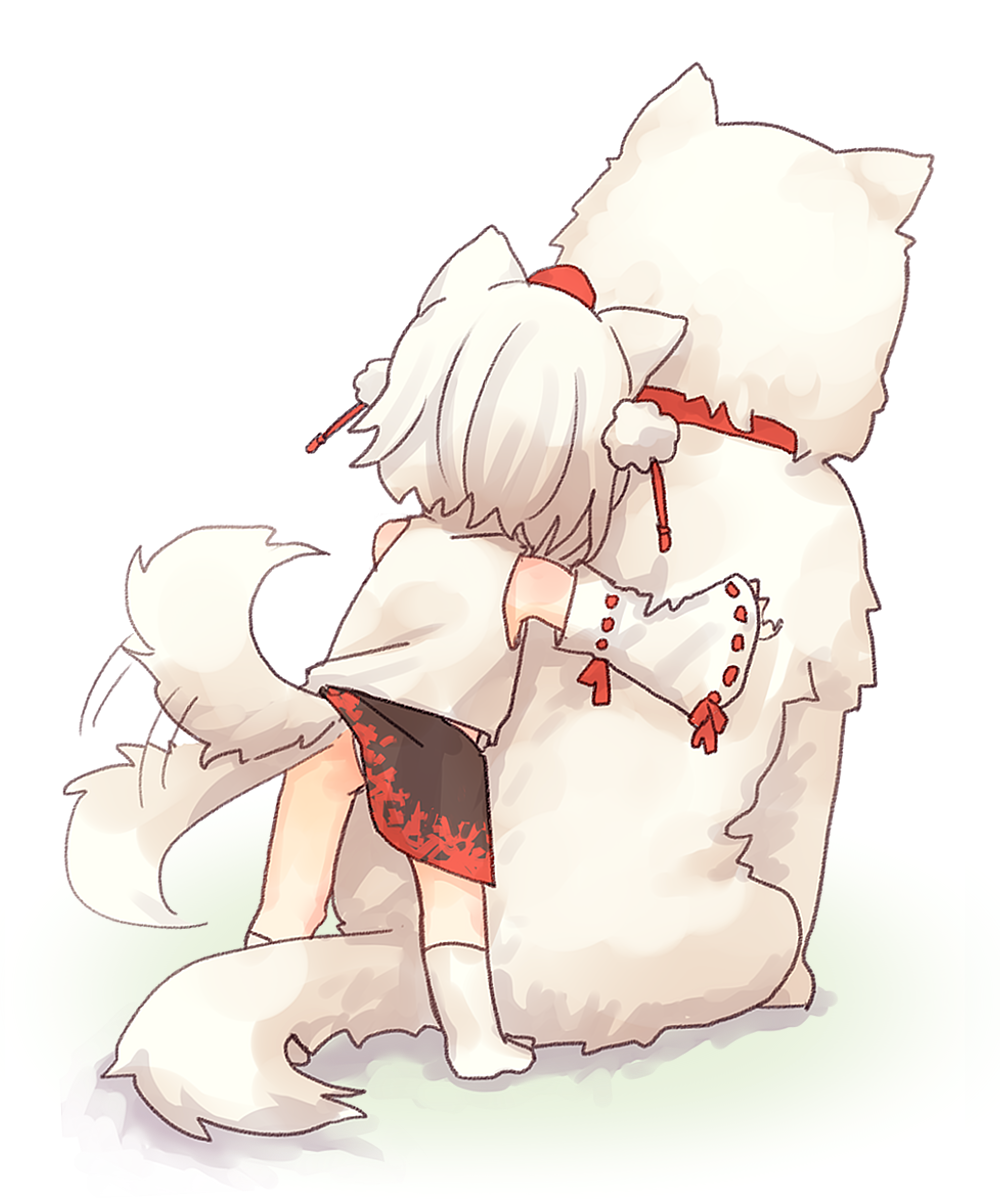 animal_ears bad_id bad_pixiv_id black_skirt detached_sleeves dog from_behind happy hat highres hug inubashiri_momiji no_shoes panties pantyshot pantyshot_(standing) ribbon-trimmed_sleeves ribbon_trim sawatari_(sado) shirt short_hair silver_hair simple_background skirt sleeveless sleeveless_shirt socks solo standing tail tail_wagging tokin_hat touhou underwear white_background white_legwear white_shirt wolf_ears wolf_tail younger