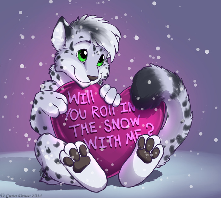 2014 3_toes ambiguous_gender curiodraco cute_face daww digitigrade dipstick_tail english_text feline fur hair holding_object holidays leopard mammal mars_(thequeenofmars) multicolored_tail nude pawpads shy signature sitting smile snow snow_leopard snowing solo spots spotted_fur text toes valentine's_day