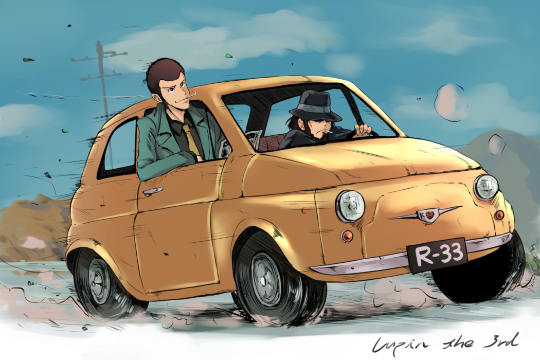 arsene_lupin_iii beard black_eyes black_hair black_hat black_jacket black_shirt blue_sky brown_hair car castle_of_cagliostro cigarette cloud collared_shirt copyright_name day driving facial_hair fiat_500 green_jacket ground_vehicle hat hat_over_eyes hidden_eyes jacket jigen_daisuke left-hand_drive looking_up lupin_iii male_focus motion_blur motor_vehicle mouth_hold multiple_boys necktie newspaper open_clothes open_jacket outdoors pole power_lines road shaded_face shirt short_hair sky smoke smoking speed_lines steering_wheel tai_(nazutai) telephone_pole through_window very_short_hair wheel yellow_neckwear