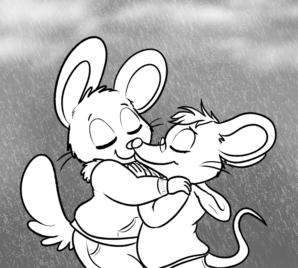 clothed clothing cute duo eyewear glasses hamster kissing male male/male mammal monochrome mouse nishi oxynard raining rex(mouse) rodent romantic