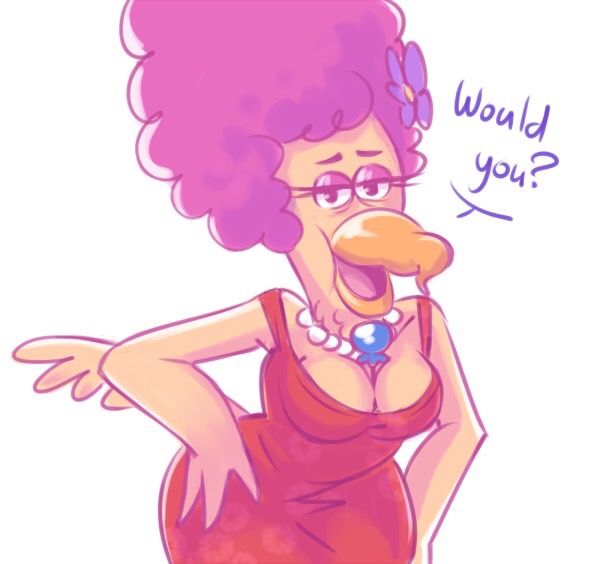 anthro avian beak bedroom_eyes breasts chowder_(series) cleavage clothed clothing dialogue dress english_text female flower hair half-closed_eyes jewelry necklace old plant purple_hair seductive solo talking_to_viewer text unknown_artist