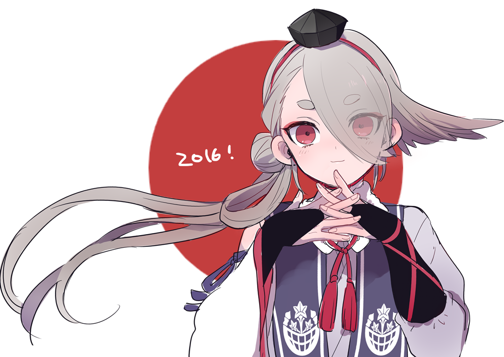 2016 50yen bridal_gauntlets chin_strap eyes_visible_through_hair hair_over_one_eye hat ima-no-tsurugi interlocked_fingers japanese_clothes long_hair male_focus red_eyes silver_hair smile solo tokin_hat touken_ranbu wind