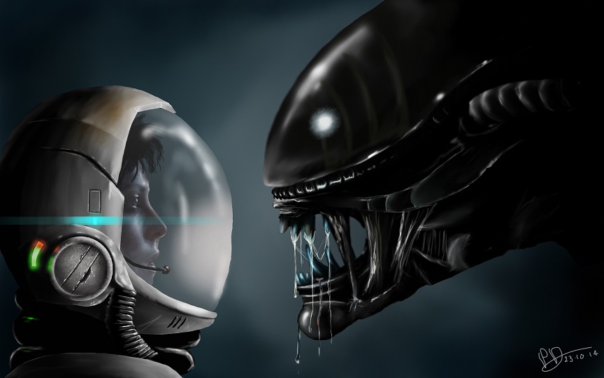 2014 alien alien_(franchise) ambiguous_gender big_teeth breasts chitin duo ellen_ripley eye_contact female gradient_background hair human interspecies mammal not_furry open_mouth reillyington86 saliva simple_background spacesuit xenomorph
