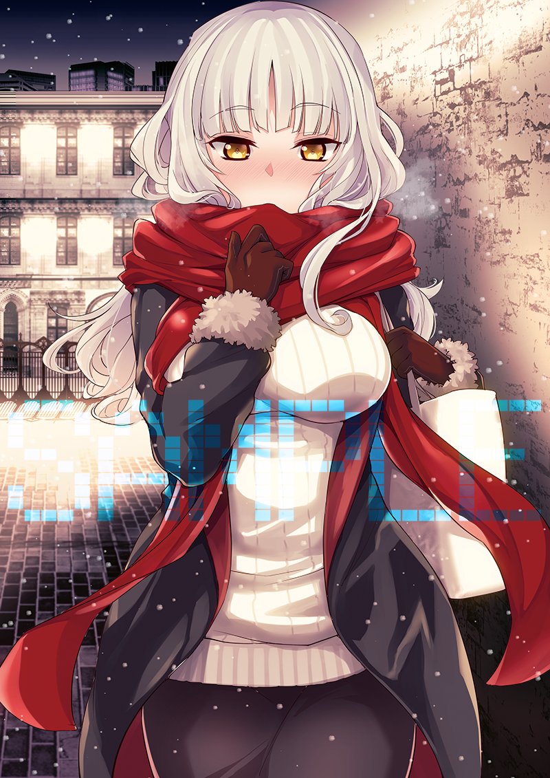 1girl bag bangs blunt_bangs blush breasts brown_gloves carmilla_(fate/grand_order) city coat eyebrows_visible_through_hair fate/grand_order fate_(series) fue_(rhomphair) fur_trim gloves large_breasts long_hair looking_at_viewer night outdoors sample scarf silver_hair snowing solo sweater winter_clothes winter_coat yellow_eyes