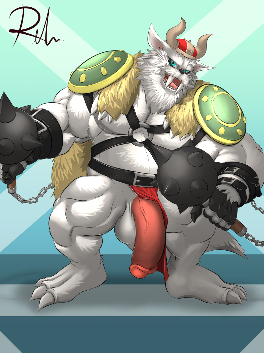 anthro balls barefoot big_muscles big_penis cape circumcised clothed clothing digital_media_(artwork) fangs flaccid front_view harness holding_object holding_weapon horned_helmet humanoid_penis ineffective_loincloth leather_straps loincloth looking_at_viewer male mammal marine musclegut muscular open_mouth penis pinniped reclamon sabertooth_(feature) signature solo standing topless vein veiny_penis vikemon weapon