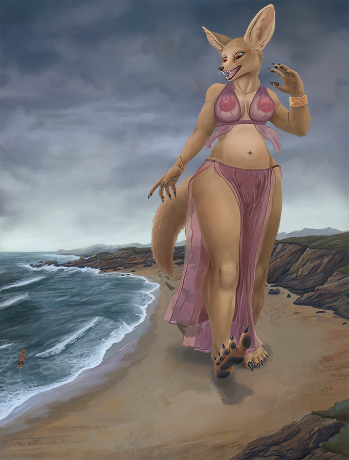 2016 anthro areola beach big_areola black_claws black_nose black_pawpads breasts brown_fur canine claws clitoris clothed clothing duo female fennec fox fur human jewelry male mammal navel nipples open_mouth pawpads pussy red_eyes rock sand seaside sharp_teeth shorts size_difference sky slit_pupils spectrumshift teeth toe_claws tongue topless translucent transparent_clothing water wet wide_hips wristband