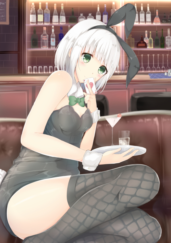 ace_of_hearts alcohol alternate_costume animal_ears bar bar_stool blush bow breasts brick_wall bunny_ears bunny_girl bunnysuit card cup detached_collar drinking_glass fake_animal_ears fishnet_legwear fishnets green_eyes holding holding_card indoors konpaku_youmu legs_up leotard looking_at_viewer no_shoes playing_card sakuramochi_usa shiny shiny_clothes shiny_hair short_hair sign silver_hair sitting small_breasts smile solo stool thighhighs thighs touhou tray wine wrist_cuffs