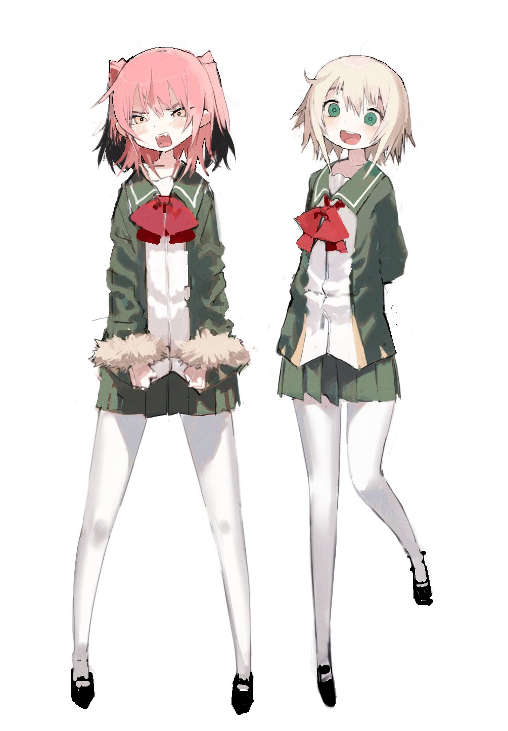 2girls arms_behind_back bangs black_hair blonde_hair blush colored_tips fang full_body fur_trim green_eyes green_jacket green_skirt hageshii_nakano hair_between_eyes highres jacket kantai_collection kunashiri_(kantai_collection) long_sleeves mary_janes multicolored_hair multiple_girls neck_ribbon open_mouth pantyhose pink_hair pleated_skirt ribbon shimushu_(kantai_collection) shoes short_hair simple_background sketch skirt standing two-tone_hair two_side_up white_background white_legwear yellow_eyes