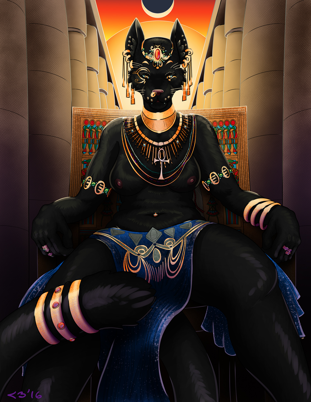 ancient ankh bastet cat clothed clothing deity egyptian feline female heroic jewelry lessthan3 mammal sitting topless