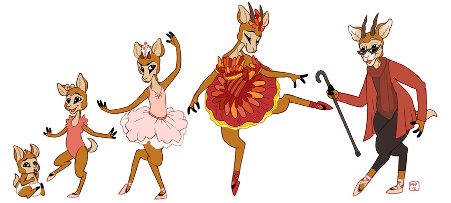 antelope baby ballerina bow cane child clothing dancing eyewear female gazelle giselle glasses growing_up horn leotard mammal margodraws old scarf simple_background solo teenager timeline tutu young