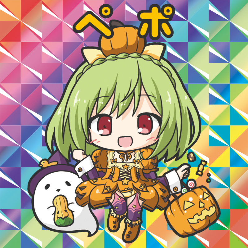 1girl :d bangs bikkuriman_(style) boots braid breasts candy_wrapper character_name checkerboard_cookie chibi cookie crown_braid dress eyebrows_visible_through_hair flower_knight_girl food ghost green_hair halloween_basket hat knee_boots long_hair long_sleeves open_mouth orange_dress orange_footwear pepo_(flower_knight_girl) puffy_short_sleeves puffy_sleeves pumpkin purple_hat purple_legwear red_eyes rinechun short_sleeves smile solo thighhighs witch_hat