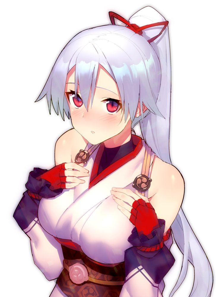 1girl bangs bare_shoulders blush breasts commentary_request detached_sleeves fate/grand_order fate_(series) fingerless_gloves from_above gloves hair_between_eyes hands_on_own_chest japanese_clothes kimono large_breasts long_hair looking_at_viewer mckeee obi open_mouth ponytail red_eyes red_gloves red_ribbon ribbon sash short_kimono silver_hair sleeveless sleeveless_turtleneck tomoe_gozen_(fate/grand_order) turtleneck very_long_hair white_kimono