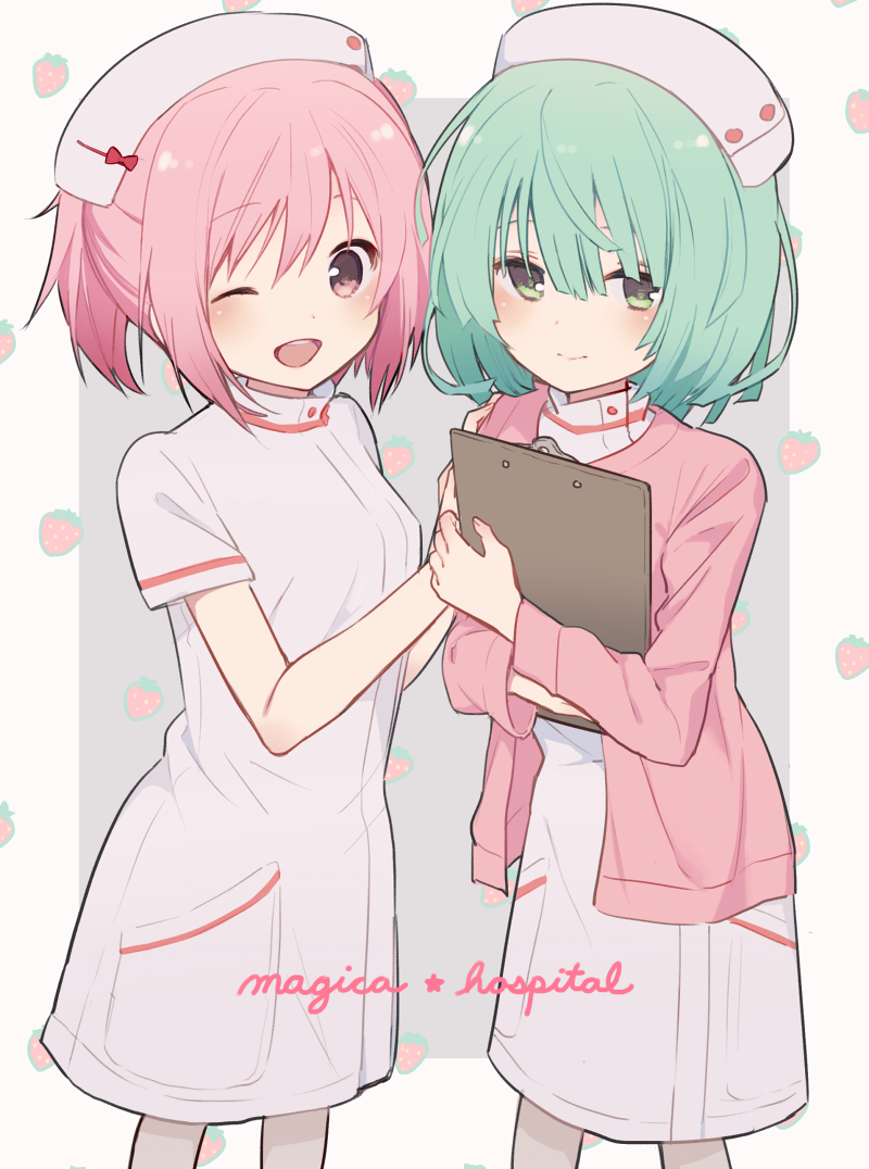 2girls ;d bangs blush boyano character_request clipboard closed_mouth dress eyebrows_visible_through_hair fingernails green_eyes green_hair grey_background hair_between_eyes hat jacket long_sleeves magia_record:_mahou_shoujo_madoka_magica_gaiden mahou_shoujo_madoka_magica multiple_girls nurse nurse_cap one_eye_closed open_clothes open_jacket open_mouth pink_hair pink_jacket red_eyes short_sleeves sidelocks smile two-tone_background white_dress white_hat
