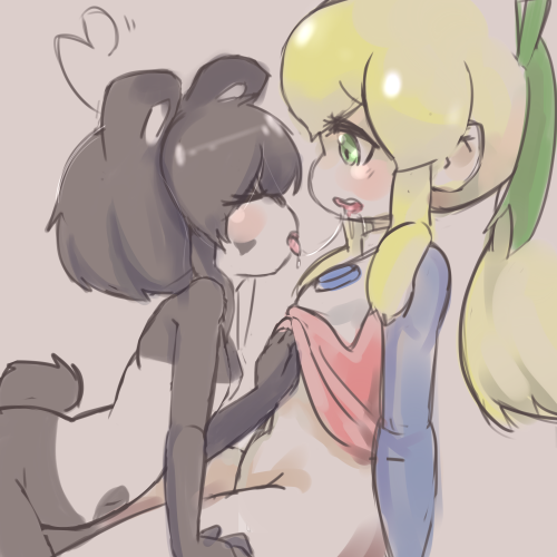 &lt;3 bear bent_over black_hair blonde_hair blush breasts butt clothing dress drooling duo eyes_closed female green_eyes hair ken_ashcorp kenny kissing mammal mega_man_(character) nude panda ponytail post-kiss pulling_up_dress roll_(megaman) saliva short_hair sitting small_breasts tomotime undressing