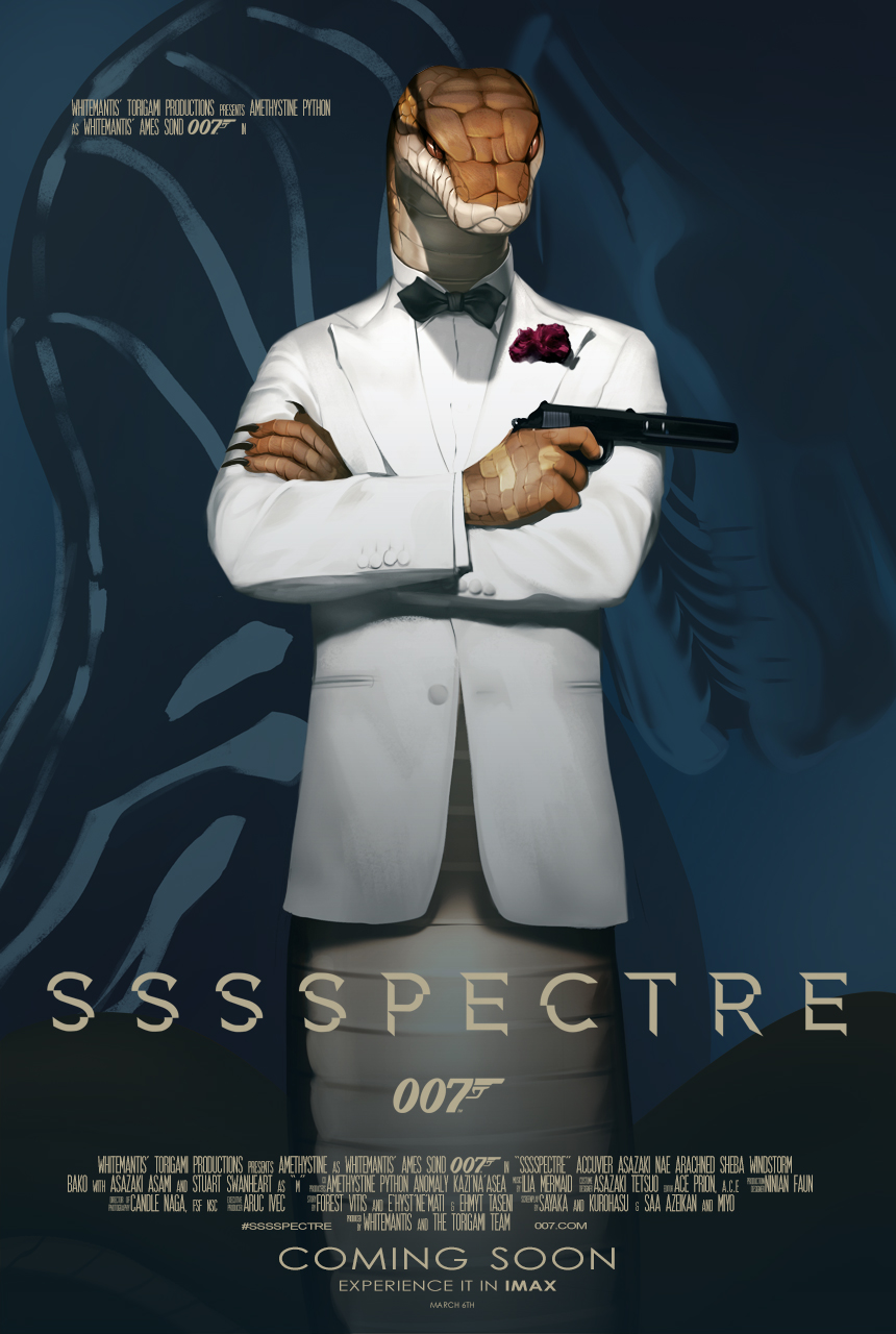 2016 amethystine anthro bow_tie brown_scales claws cosplay crossed_arms front_view gun james_bond male movie_poster naga parody poster python ranged_weapon reptile scales scalie slit_pupils snake solo suit tuxedo weapon whitemantis