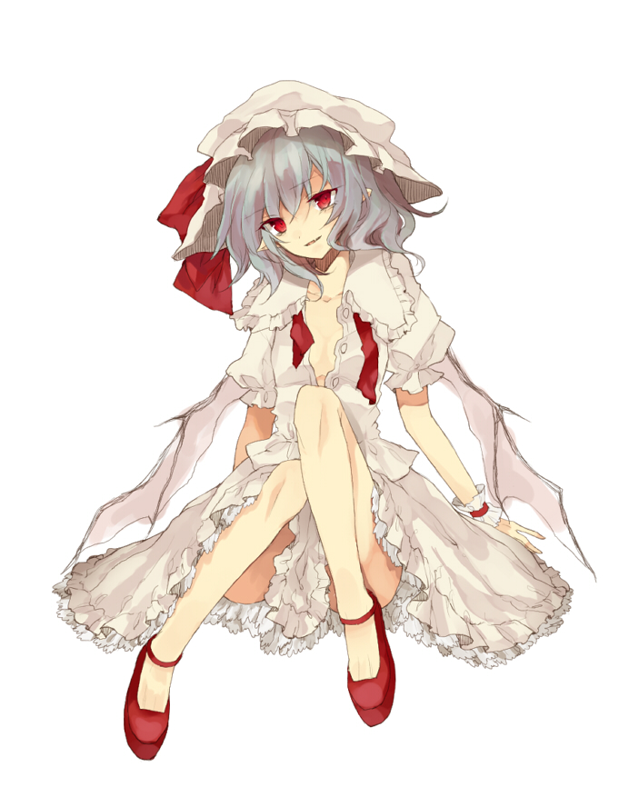 bat_wings blue_hair bow hat hat_bow head_tilt hiharo mary_janes mob_cap open_collar red_eyes remilia_scarlet shoes sitting solo touhou unbuttoned wings wrist_cuffs