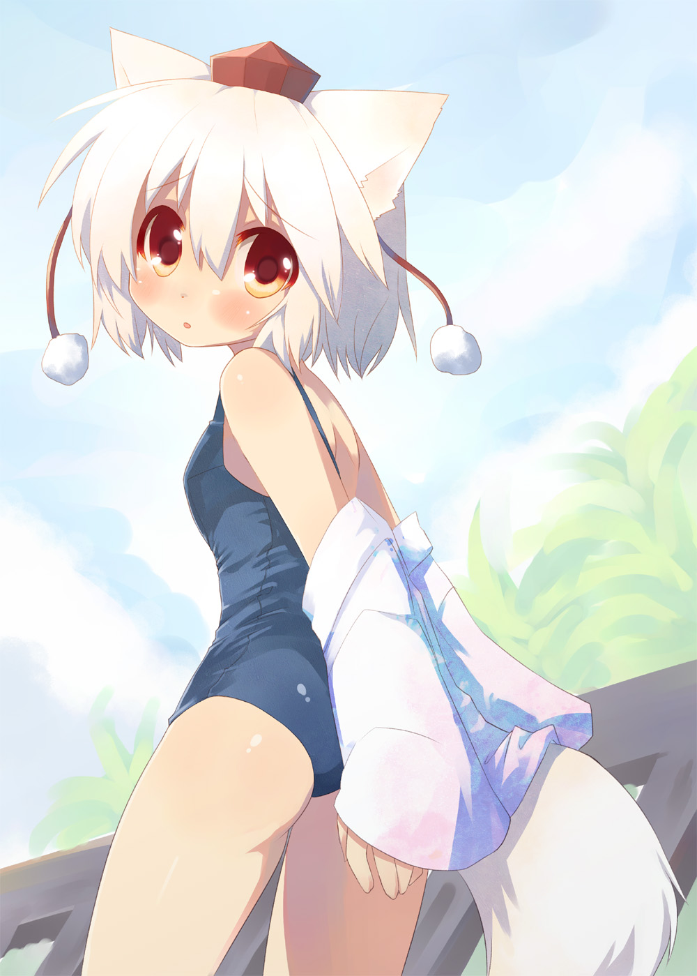 animal_ears detached_sleeves hat highres inubashiri_momiji looking_back one-piece_swimsuit red_eyes school_swimsuit short_hair silver_hair solo swimsuit tail toba_hiyoko tokin_hat touhou wolf_ears wolf_tail