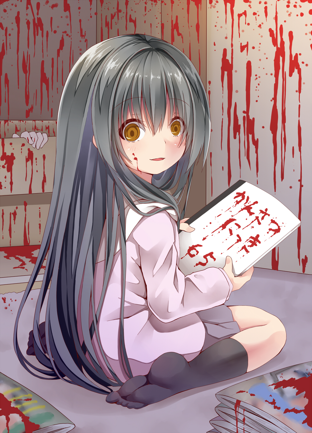 black_hair black_legwear blood blood_on_face blood_stain chest_of_drawers child commentary corpse creek_(moon-sky) empty_eyes highres long_hair looking_at_viewer manga_(object) manuscript_paper original sitting solo_focus translated wariza yandere yellow_eyes youjo_(creek_(moon-sky))