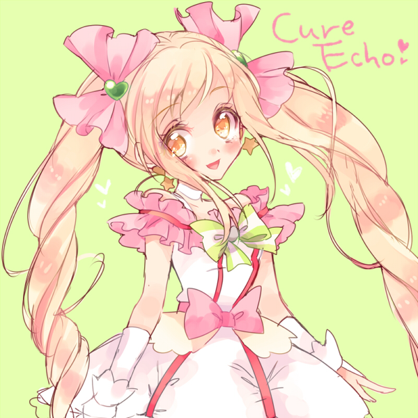 blonde_hair bow character_name choker cure_echo earrings frills green_background hair_ornament hair_ribbon heart heart_hair_ornament jewelry long_hair looking_at_viewer magical_girl pink_bow pink_ribbon precure precure_all_stars_new_stage:_mirai_no_tomodachi ribbon sakagami_ayumi skirt smile solo star star_earrings striped striped_bow twintails upper_body uzuki_aki white_choker white_skirt wrist_cuffs yellow_eyes
