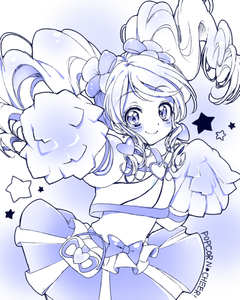 blue cowboy_shot cure_honey earrings happinesscharge_precure! heart heart_earrings jewelry long_hair looking_at_viewer magical_girl monochrome oomori_yuuko pom_poms popcorn_cheer precure skirt smile solo star twintails uzuki_aki