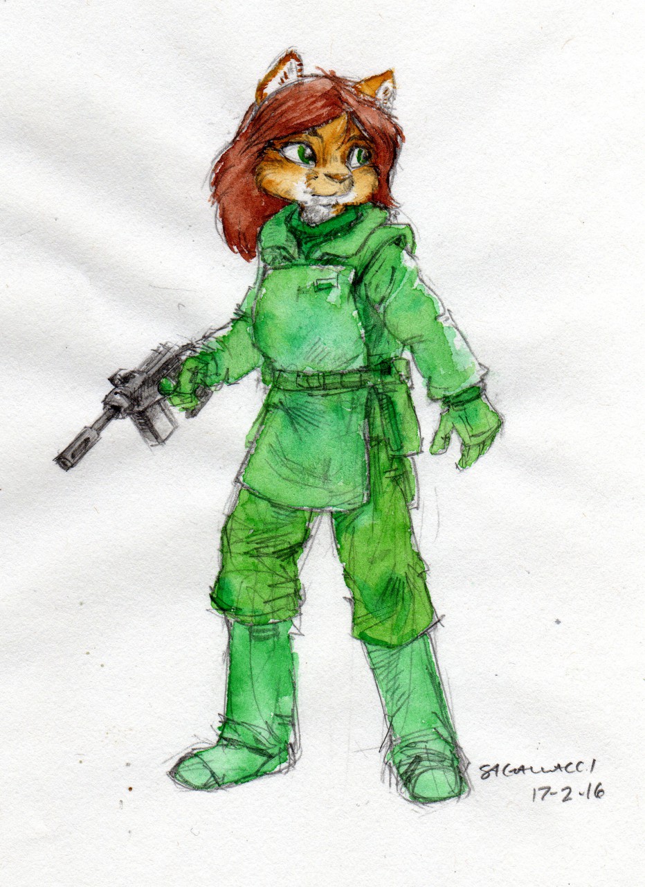 2016 anthro cat clothing erma_felna feline female green_eyes gun hair handgun long_hair mammal military pink_nose pistol ranged_weapon red_hair simple_background solo steve_gallacci uniform weapon