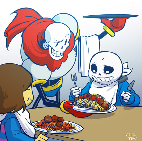 bone chef eating food fork fruit hat human hybrid knife male mammal meatballs monster not_furry papyrus_(undertale) pasta plate protagonist_(undertale) sans_(undertale) skeleton spaghetti spewspew tomato undead undertale video_games