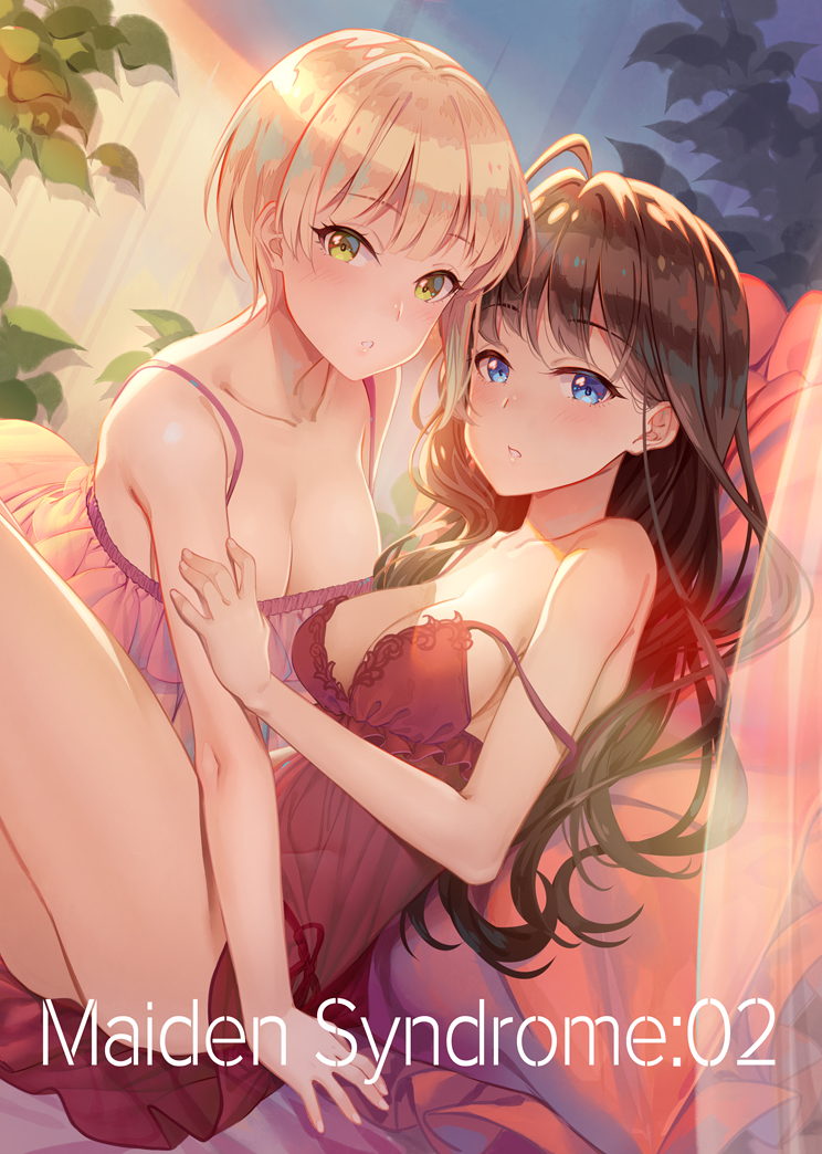 ahoge arm_grab arm_support ass bangs bare_arms bare_shoulders blonde_hair blue_eyes blush breasts brown_hair chemise cleavage collarbone couple eyebrows_visible_through_hair female frilled_chemise frills green_eyes highres ichinose_shiki idolmaster idolmaster_cinderella_girls indoors large_breasts lips long_hair looking_at_viewer medium_breasts miyamoto_frederica multiple_girls neck nightgown off_shoulder open_mouth panties parted_lips pillow red_panties see-through shiny shiny_hair short_hair side-tie_panties sitting strap_slip terumii underwear underwear_only wavy_hair yuri