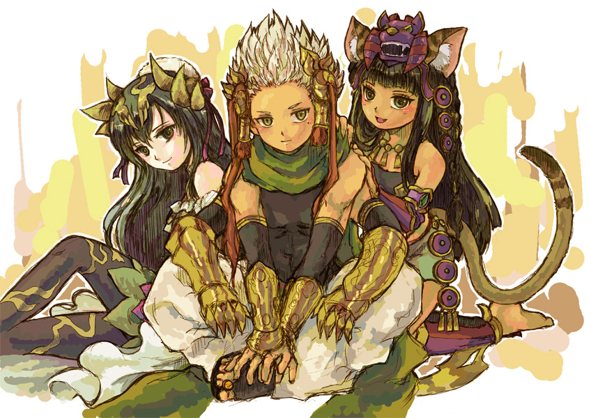 2girls animal_ears armlet bare_shoulders barefoot bastet_(p&amp;d) black_hair black_legwear bow braid brown_eyes cat_ears cat_tail dress fangs fur_trim gauntlets green_eyes hair_bow hair_ornament hair_tubes hand_on_shoulder indian_style jewelry kneeling long_hair looking_at_viewer multiple_arms multiple_girls necklace open_mouth pantyhose puzzle_&amp;_dragons sandals shiroma_(mamiko) single_braid sitting skirt smile tail verdandi_(p&amp;d) vishnu_(p&amp;d) white_hair