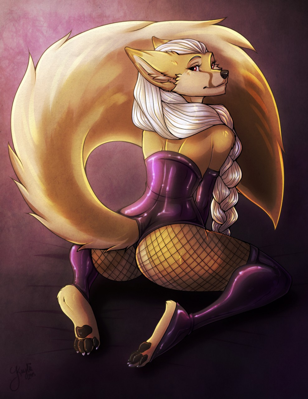 2016 anthro barefoot black_nose black_pawpads braided_hair brown_fur butt canine claws clothed clothing corset english_text female fennec fishnet fox fur hair half-closed_eyes kaylii legwear long_hair looking_at_viewer looking_back mammal pawpads purple_background raised_tail rear_view red_eyes robyn signature simple_background sitting smile solo text toe_claws white_fur white_hair