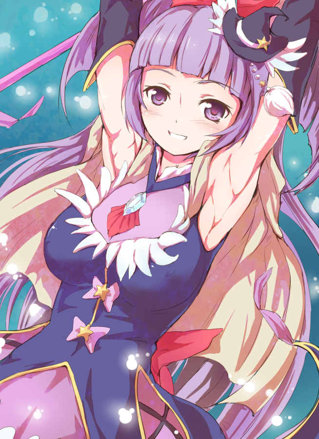 armpits arms_up black_hat breasts cure_magical hat izayoi_liko large_breasts looking_at_viewer magical_girl mahou_girls_precure! mini_hat mini_witch_hat precure purple_eyes purple_hair rei_oe smile solo witch_hat