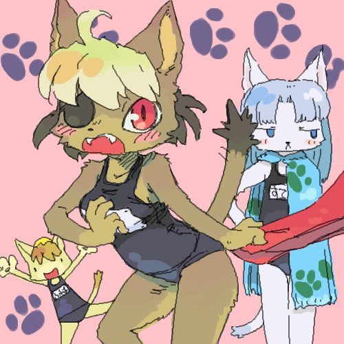 alicia_priss blue_eyes blush breasts clothing eye_patch eyewear feline female flare_priss group kemono mammal pawprint red_eyes school_swimsuit stare_priss swimsuit tail_concerto towel utsuki_maito