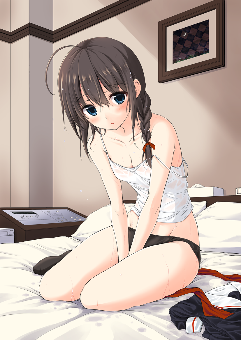 ahoge bare_shoulders bed bed_sheet black_legwear black_panties blue_eyes blush braid breasts brown_hair camisole clothes_removed collarbone hair_between_eyes hair_over_shoulder hotel_room indoors kantai_collection long_hair looking_at_viewer no_bra on_bed open_mouth panties picture_(object) pillow red_ribbon ribbon school_uniform see-through serafuku shigure_(kantai_collection) single_braid sitting sleeveless small_breasts solo strap_slip sweat tissue_box underwear v_arms wet wet_clothes yammy yokozuwari