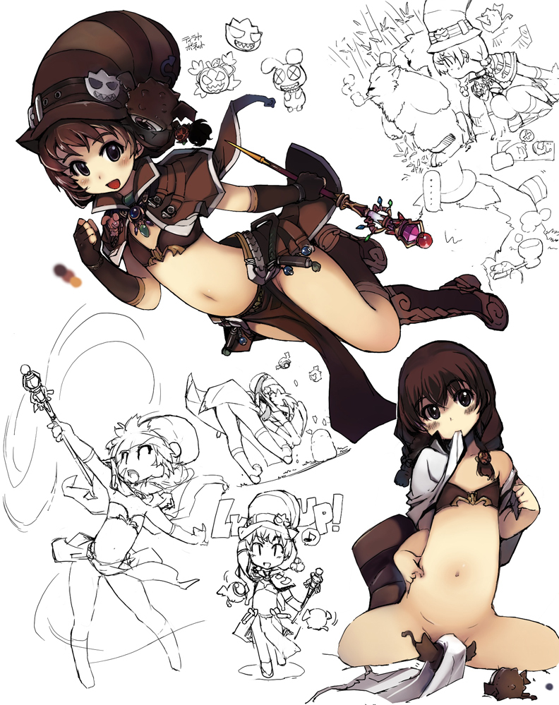 boots brown brown_eyes brown_gloves brown_hair capelet character_request collage convenient_censoring eddga fingerless_gloves flat_chest full_body gloves hat mage_(ragnarok_online) mouth_hold navel pelvic_curtain ragnarok_online solo staff undressing xration