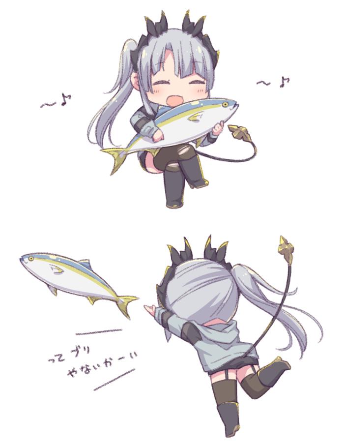 1girl :d ^_^ ayasaka bangs black_legwear black_shorts blush boots closed_eyes commentary_request demon_girl demon_horns demon_tail eyes_closed fish garter_straps grey_hair grey_hoodie holding holding_fish honey_strap hood hood_down horns invisible_chair knee_boots legs_crossed long_hair long_sleeves multiple_views music musical_note open_mouth short_shorts shorts side_ponytail sidelocks simple_background singing sitting smile sougetsu_eli tail thighhighs throwing translation_request virtual_youtuber white_background