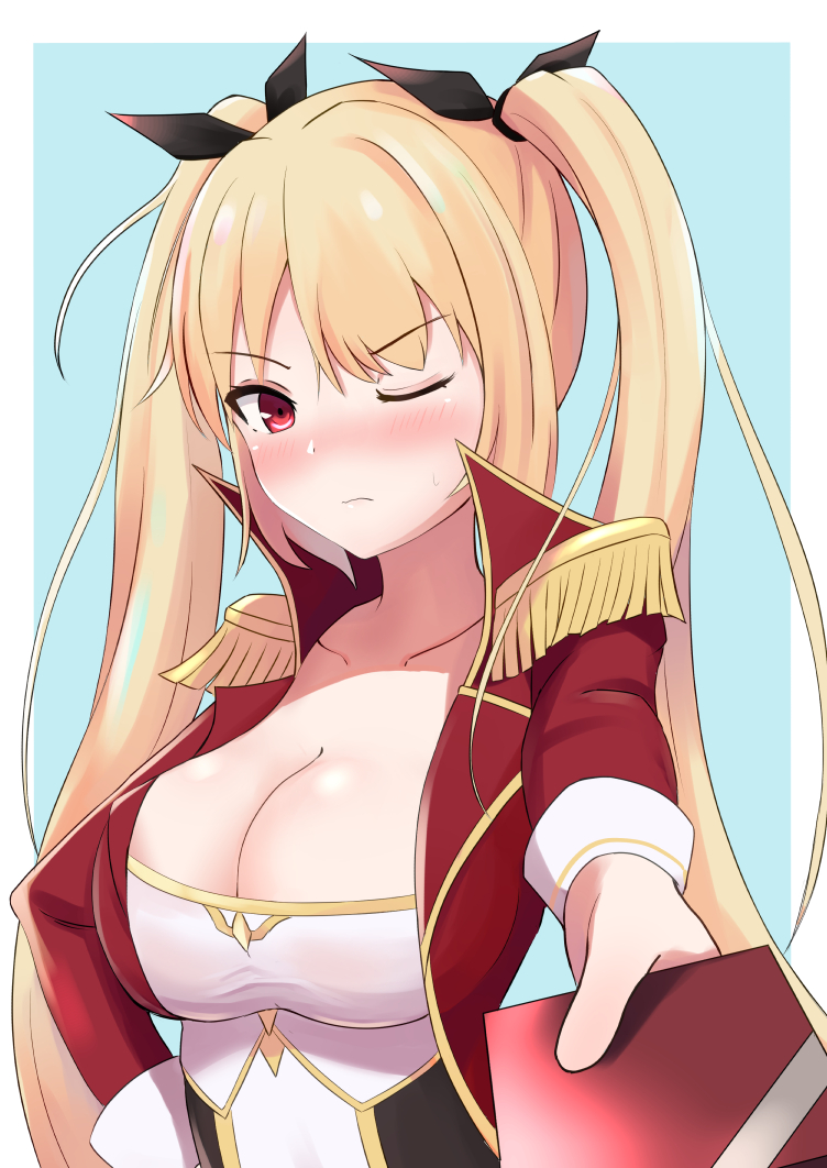 1girl azur_lane bangs blonde_hair blush box breasts cleavage closed_mouth collarbone epaulettes eyebrows_visible_through_hair gift gift_box hair_between_eyes hair_ribbon holding holding_gift incoming_gift large_breasts long_hair looking_at_viewer nelson_(azur_lane) red_eyes ribbon solo twintails valentine very_long_hair