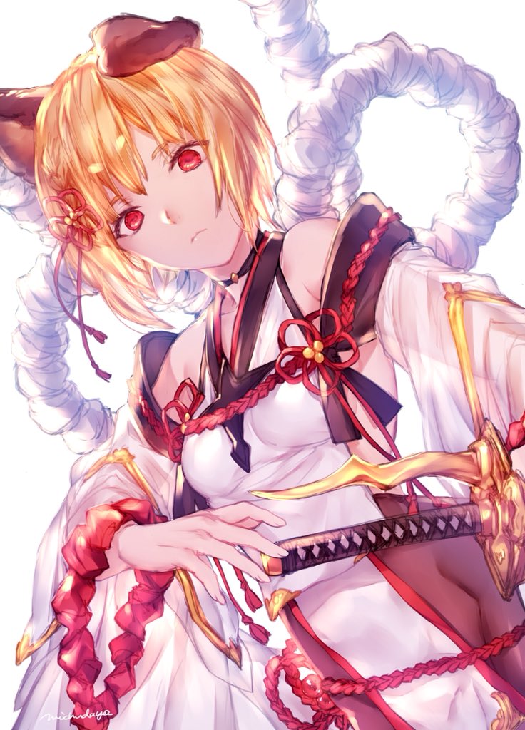 1girl animal_ears artist_name backless_outfit bangs bare_shoulders black_choker blonde_hair braid breasts brown_legwear choker closed_mouth commentary_request cowboy_shot detached_sleeves dog_ears dog_girl erune extra_eyebrows eyebrows_visible_through_hair fingernails granblue_fantasy groin hair_ornament hair_ribbon hilt japanese_clothes katana long_sleeves looking_at_viewer michudx no_panties pantyhose pelvic_curtain ready_to_draw red_eyes red_ribbon red_rope ribbon rope see-through_sleeves serious sheath sheathed shimenawa short_hair side_braid single_braid small_breasts solo sword tabard tagme thick_eyebrows vajra_(granblue_fantasy) weapon white_background wide_sleeves